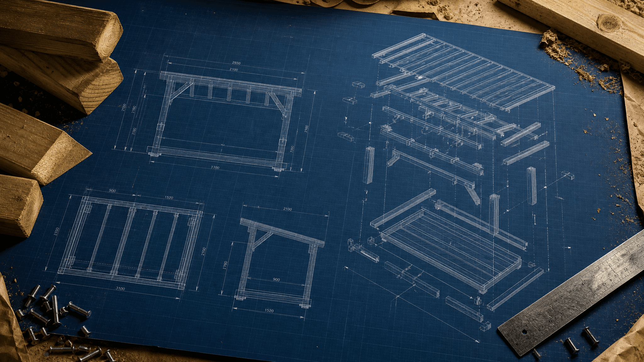Blueprint plan, timber and rivets on a workbench