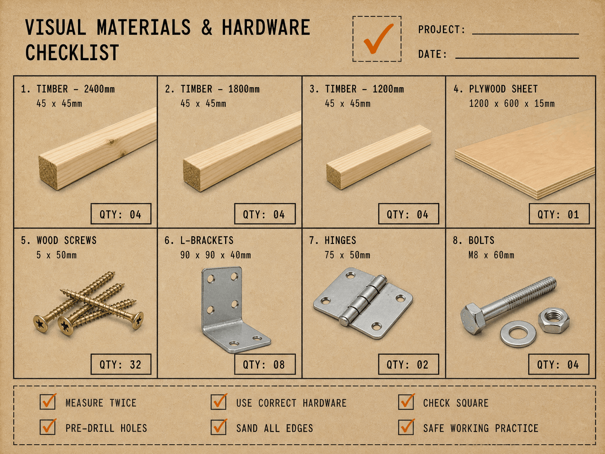 Materials checklist example output from Rivet