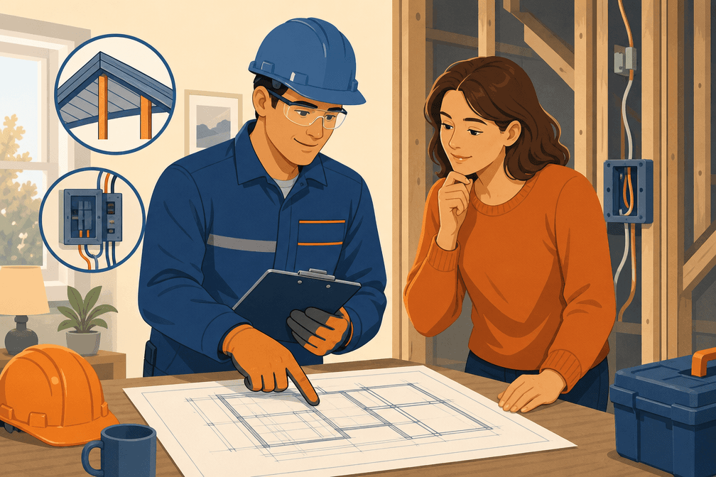 A qualified professional reviewing a structural plan with a homeowner